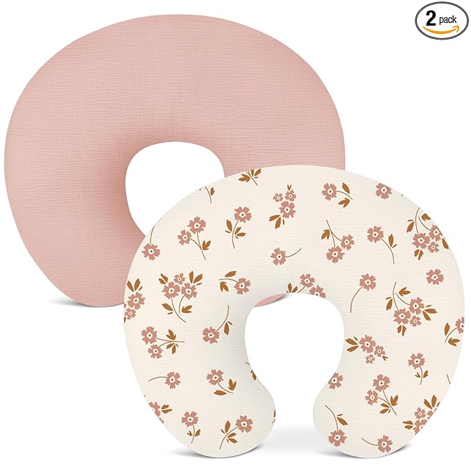 Nursing Pillow Covers 2 Pack, Muslin Nursing Cover for Breastfeeding Pillows, Comfortable for Baby Girls and Boys (Flower E & Pink)