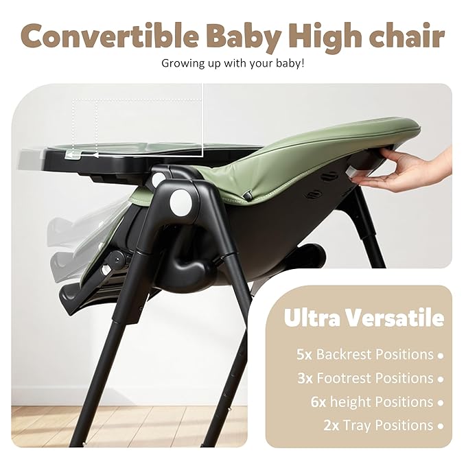 TODEFULL 3 in 1 Foldable Baby High Chair, Infant High Chairs for Babies and Toddlers, 6 Height & 5 Recline Adjustable Toddler Feeding Chair, 2 Tray Depth & 3 Footrest Angles, 2 Built-in Wheels, Green