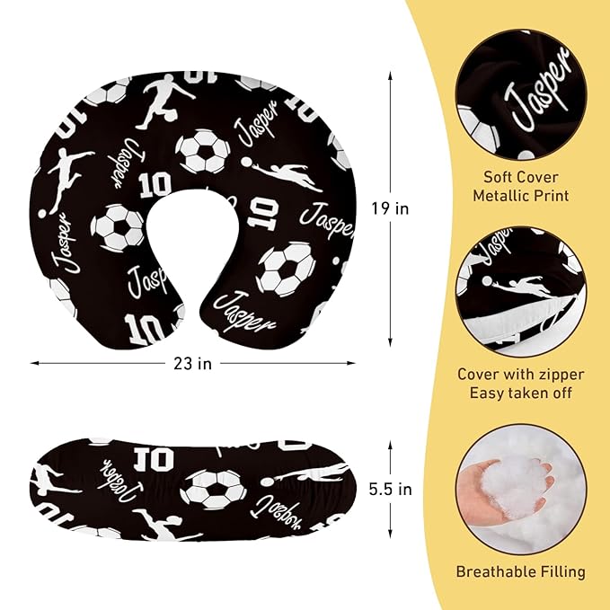 Baby Nursing Pillow Cover - Personalized Name Soccer Theme Breastfeeding U-Shaped for Bottle Feeding, Ultra Soft Comfortable Breastfeeding Pillow Cover for Infants Baby Boys and Girls