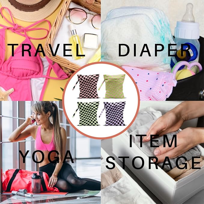 4 Pack Multicolor Checkered Wet Bag Waterproof Washable Reusable Wet Dry Bag for Swimsuit Clothes Cloth Diaper Travel Beach Pool Yoga Gym Toiletries Gift for Women Bachelor Party Birthday Christmas
