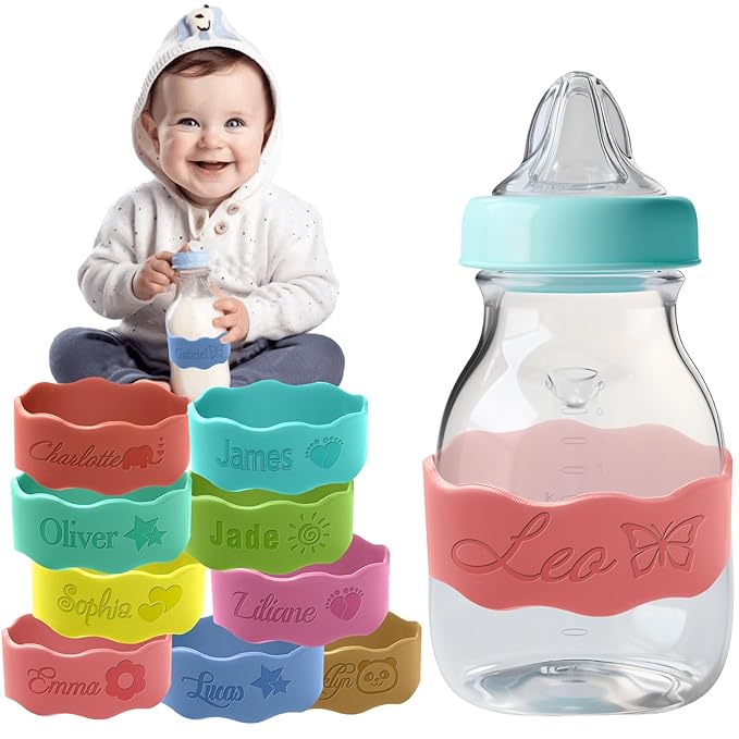 Personalized Water Bottle Name Bands Custom Engraved Silicone Labels Customized Silicone Baby Bottle Labels for Daycare Reusable Baby Bottle Straps for Kids Cups School Waterproof-CoralRed