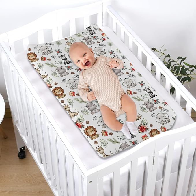 Safari Animals Xmas Changing Pad Cover Lion Hippo Zebra Giraffe Elephant Pine Fir Cherry Flower Leaves Diaper Change Table Sheets for Boys Girls Soft Stretchy Changing Mats 32''x16''