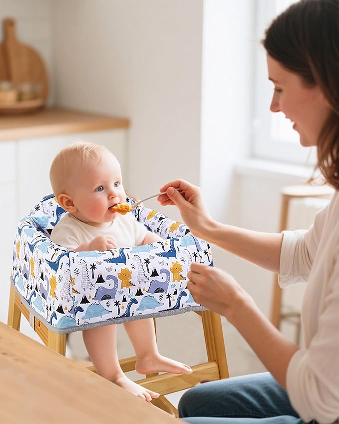 High Chair Cover Portable with 3-Point Harness, Waterproof Baby Seat Cover for Restaurant Travel Home Use, Machine Washable, Fits Wooden Chairs (Colorful Dinosaurs)