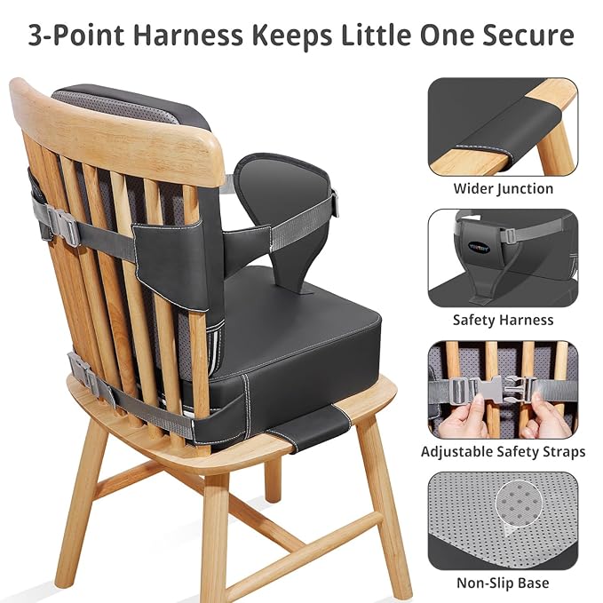 Toddler Booster Seat for Kitchen Chair with Removable Backrest & Adjustable Straps, PU Portable Waterproof & Non-Slip Booster Seat for Dining Table, Travel Child Eating Cushion - Dark Grey