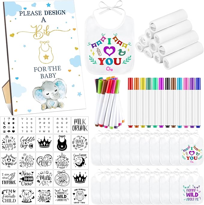 Panitay 100 Pcs DIY Baby Bibs Decorating Kit 50 White Bibs 25 Stencils 24 Markers 1 Baby Shower Game Sign
