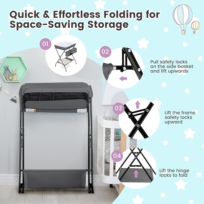HONEY JOY Changing Table, Folding Nursery Organizer with Open Shelf & Safety Belt, Portable Diaper Changing Station for Newborn (Gray, Basic)