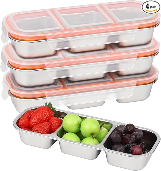 4 Pcs Stainless Steel Bento Boxes, 3-Compartment Snack Containers, Leak-Proof, Portable, Ideal for Home, Work, Travel