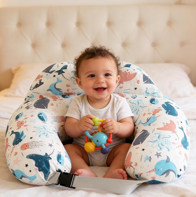 Nursing Pillow for Breastfeeding,Ergonomic Baby Feeding Pillows with Removable Washable Cotton Slipcover, Adjustable Waist Strap,Plus Size,More Support for Mom and Baby(Underwater World) 新品