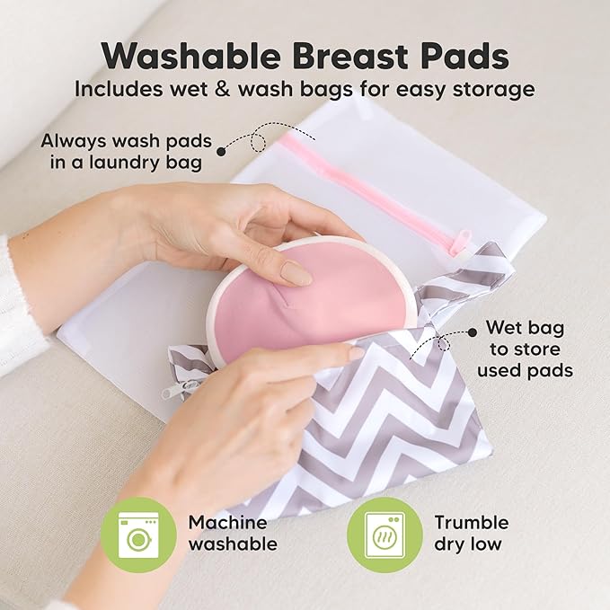 Organic Nursing Pads - 14 Washable Breast Pads for Breastfeeding, Wash Bag, Viscose Derived from Bamboo Reusable Nipple Covers for Breastfeeding Essentials, Soft & Absorbent (Pastel Touch, L 5")
