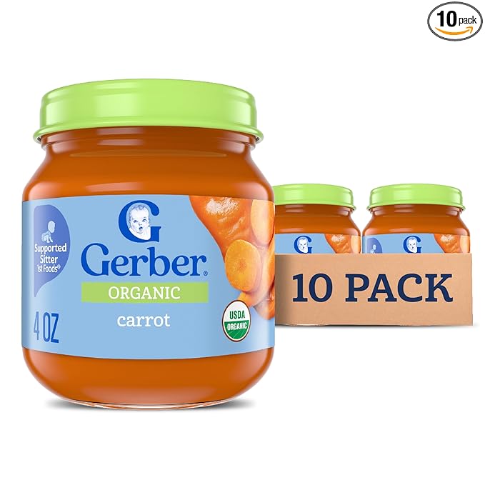 Gerber Stage 1 Baby Food, Organic Carrot Jar, Carrot Puree, Non-GMO, Vegetable Baby Food, Puree Jars Glass, 10-pack