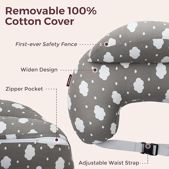 Momcozy Original Nursing Pillow for Breastfeeding-Innovative Safety Guard - Wider Feeding Pillows for More Support for Mom & Baby- Easier Nursing & Hand Free- Fit for All, Removable Cotton Cover