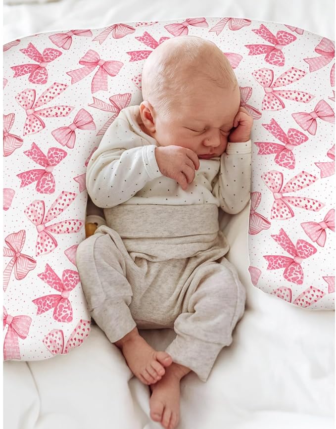 Pink Bows Baby Nursing Pillow Covers for Girl Pink Hair Bows Leopard Stripes Nursing Slipcovers for Breastfeeding Pillows Valentine Hearts Love Soft Stretchy Removable Cover for Newborn Infant