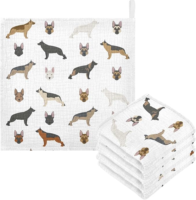 vvfelixl Cute German Shepherd Dog Baby Burp Cloths Baby Muslin Washcloths for Boys Girls Cotton Baby Face Towel for Newborn Infants Soft and Absorbent 11.8 X 11.8 in, 5 Pack