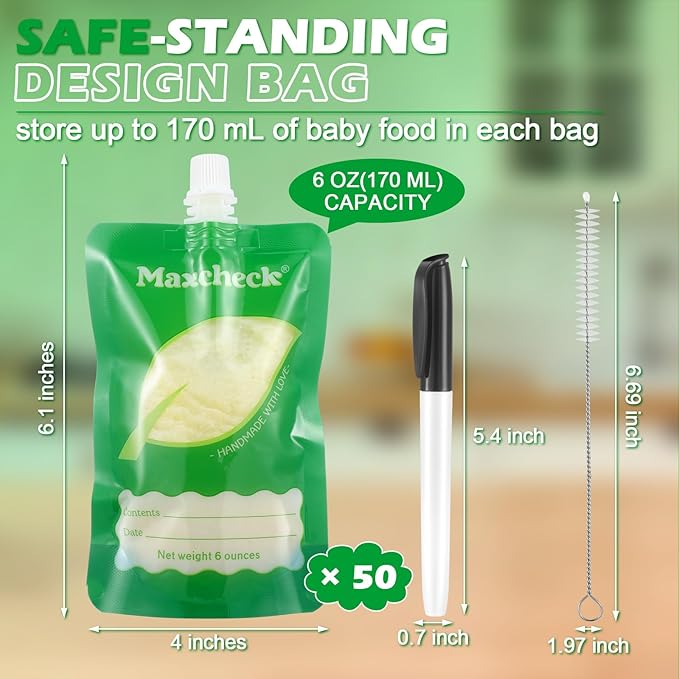 Maxcheck 53 Pcs Refillable Baby Food Pouches Food Maker Set Include 50 Pcs Portable Fruit Puree Pouch Storage Bags, Baby Food Maker, Pen and Brush for Babies Kids Toddlers