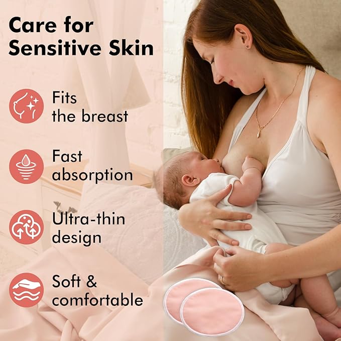 Reusable Breast Pads, Organic Nursing Pads, 4-layer Washable Nursing Pads, Invisible, Fast Absorption, 6 Pack + Wash Bag