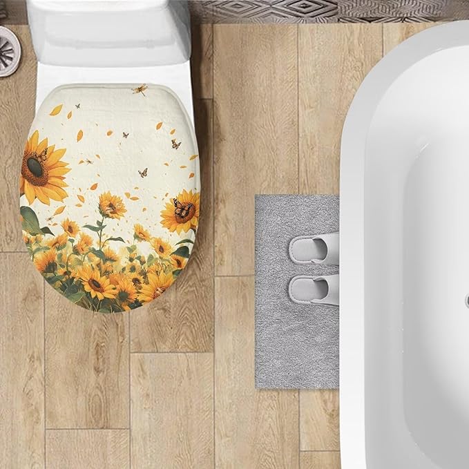 Sunflower Toilet Cover Seat Dust Covers Soft Flannel Fabric Bathroom Covers Elastic Edges Stretch Washable Toilet Lid Covers for Bathroom Covers Stains