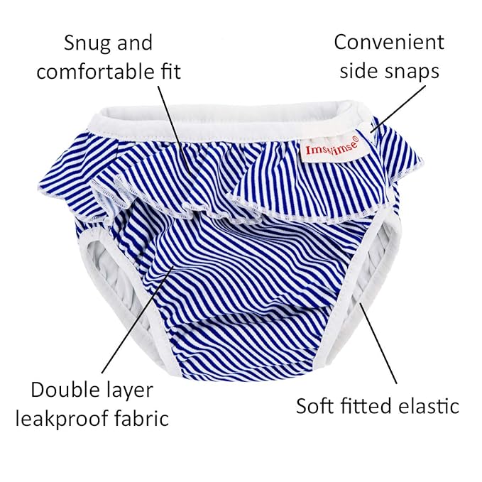 Imse Vimse Reusable Swim Diaper for Baby and Toddler Girls with Ruffle and Snaps (White Blue Stripe, S 13-17 lbs)