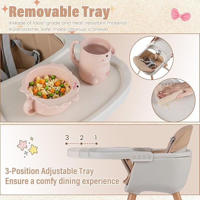 HONEY JOY Baby High Chair, 6-in-1 Eat & Grow Wooden Highchair/Toddler Chair with Removable Tray, 5-Point Harness, PU Cushion and Footrest, Convertible High Chair for Babies and Toddlers(Dark Beige)