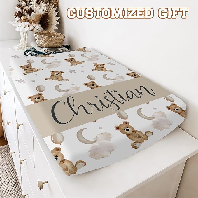 Personalized Baby Changing Pad Cover - 2 Piece Bear Pattern Baby Pee Pad Cover Nursery Bedding with Name, Portable Diaper Changing Pad Gifts for 0-6 Years Infant