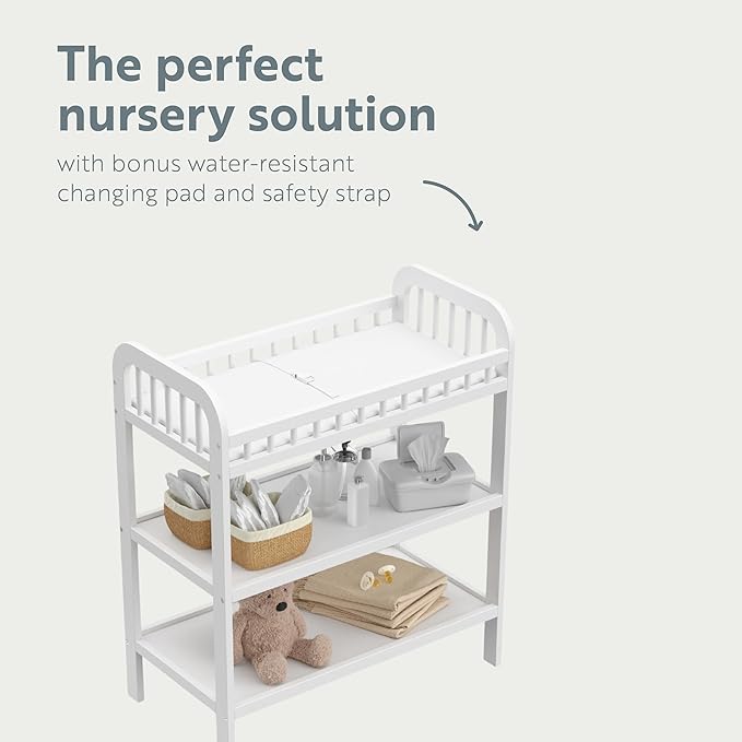 Storkcraft Pasadena Changing Table with Water-Resistant Changing Pad (White) - GREENGUARD Gold Certified, Includes Bonus Water-Resistant Changing Pad with Safety Strap, 2 Open Shelves