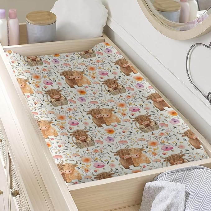 Cartoon Highland Cow Flowers Floral Baby Changing Pad Cover,Unisex Western Farm Animals Cow Nursery Diaper Changing Table Pad Mat Sheet for Boys Girls-16x32