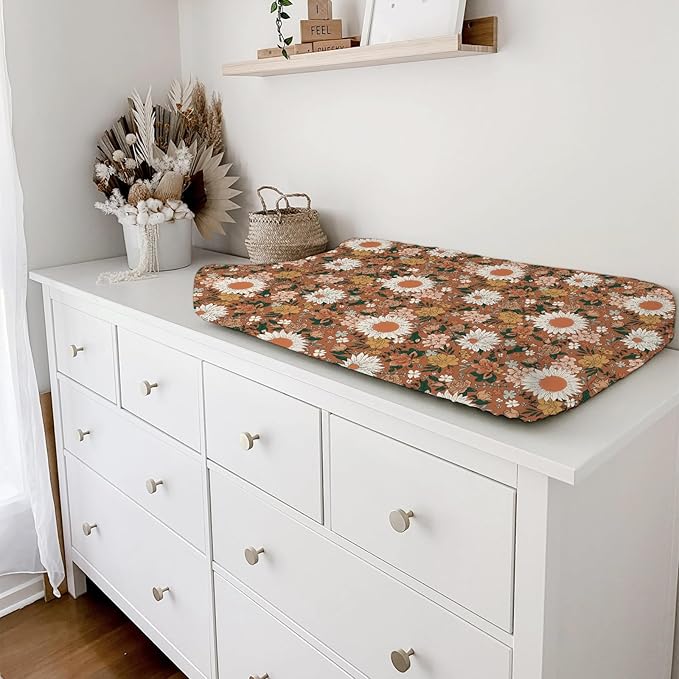 Retro Boho Wild Floral Changing Pad Covers Vintage Flowers Leaves Diaper Changing Table Sheets for Girl Spring Summer Watercolor Blossoms Soft Breathable Stretchy Changing Pad Sheets Mats 32''x16''
