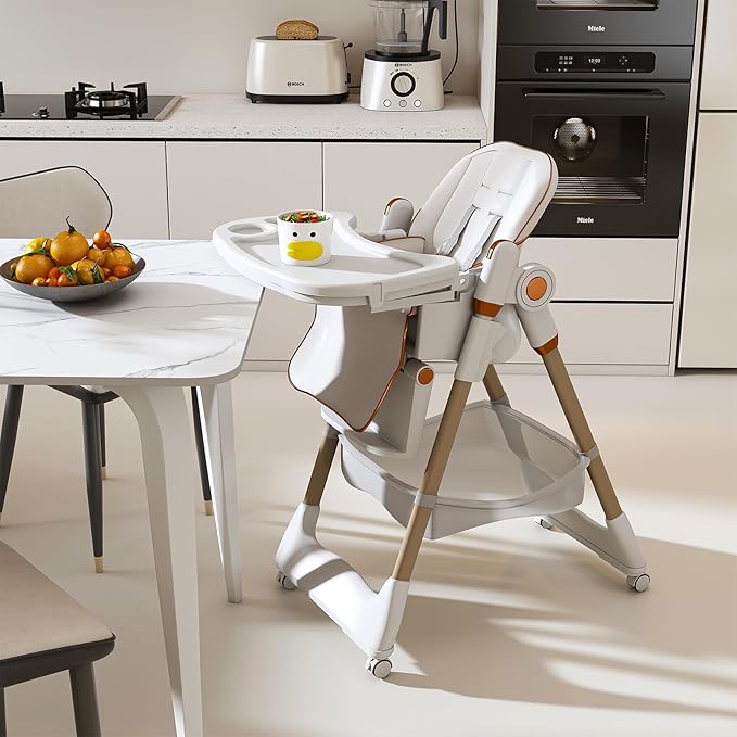 Foldable Baby High Chair with 150° Swing & Recline,Convertible High Chairs for Babies and Toddlers,5 Height Levels,3 Backrest & Footrest Positions,Removable Double Tray,Lockable Wheels (White 1)