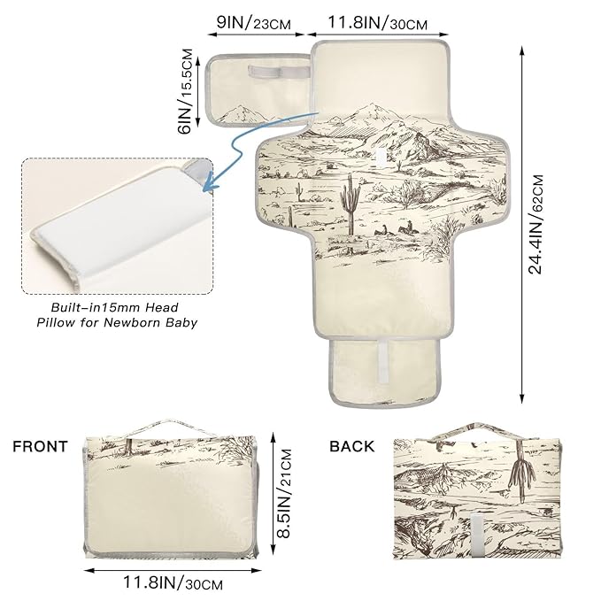West Desert with Cowboys Portable Diaper Changing Pad - Waterproof Foldable Baby Diaper Changing Pad with Built-in Pillow, Travel Diaper Changing Mat for Newborn Baby