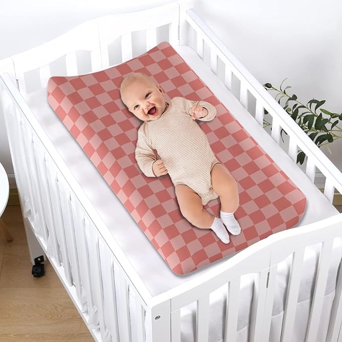 Coral Pink Checkered Changing Pad Cover for Baby Girls Boys Cartoon Breathable Diaper Change Table Sheet Soft Stretchy Cute Change Table Mat Cover Fit 32x16