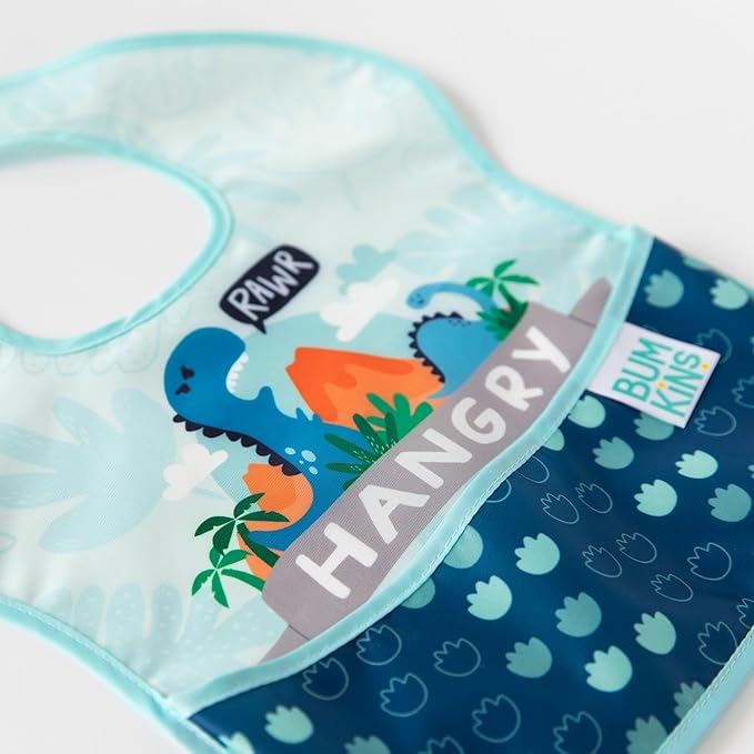 Bumkins Bibs for Girl or Boy, SuperBib Baby and Toddler for 6-24 Months, Essential Must Have for Eating, Feeding, Baby Led Weaning Supplies, Mess Saving, 3-pk Hangry, Dinosaurs, and Blue Tropic