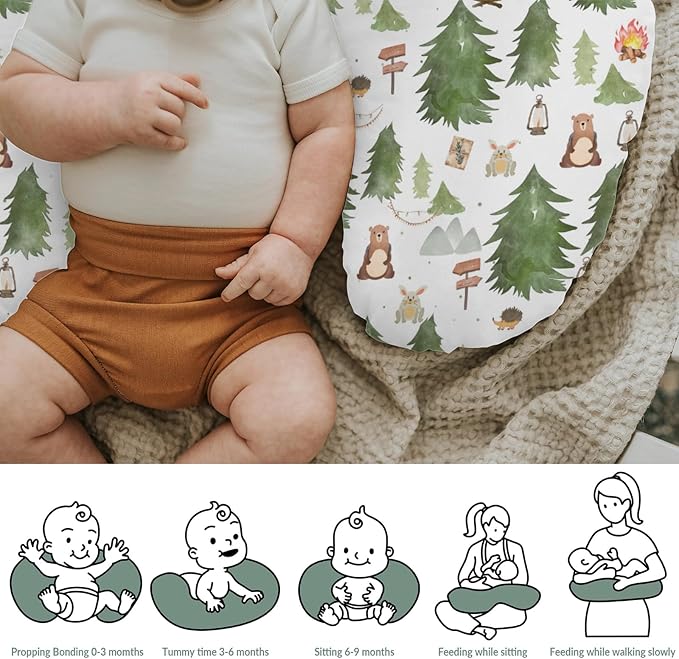 Camping Animals Baby Nursing Pillow Covers for Boy Girl Bear Bunny Hedgehog Green Trees Nursery Pillowcase for Breastfeeding Pillows Wildlife Adventure Soft Stretchy Slipcovers for Newborn Infant