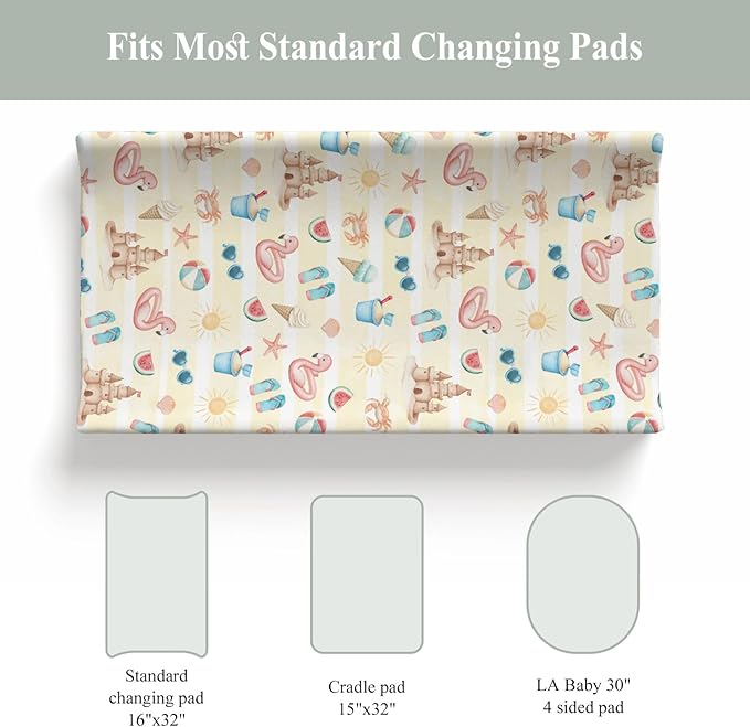 Summer Beach Seaside Changing Pad Covers for Baby Girls Boys Ice Cream Sand Flamingo Sun Fitted Change Table Pad Covers Mats Boho Travel Vacation Soft Diaper Changing Pad Sheets 32''×16''