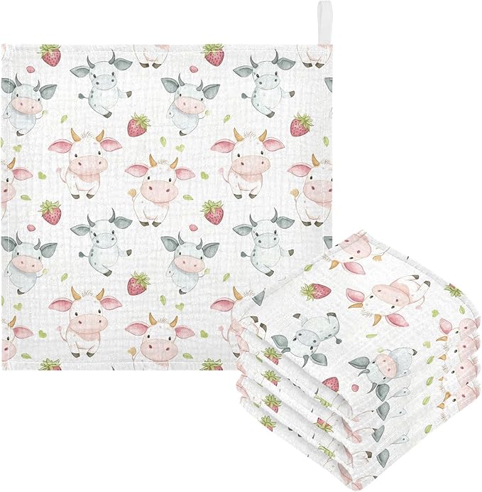 vvfelixl Baby Muslin Washcloths Cow Pink Cartoon Strawberry Baby Burp Cloths Cotton Babys Face Towel for Newborn Infants Boys Girls Soft and Absorbent 11.8 X 11.8 in, 3 Pack