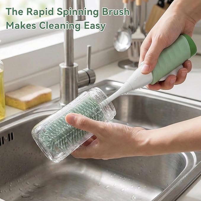 Baby Bottle Brush Set, Innovative Efficient Press-to-Spin Brush Cleaner - Includes Silicone Bottle Brush, Nipple Brush, Straw Cleaner - Spinning Generates Rich Foam for Deep Cleaning, Green