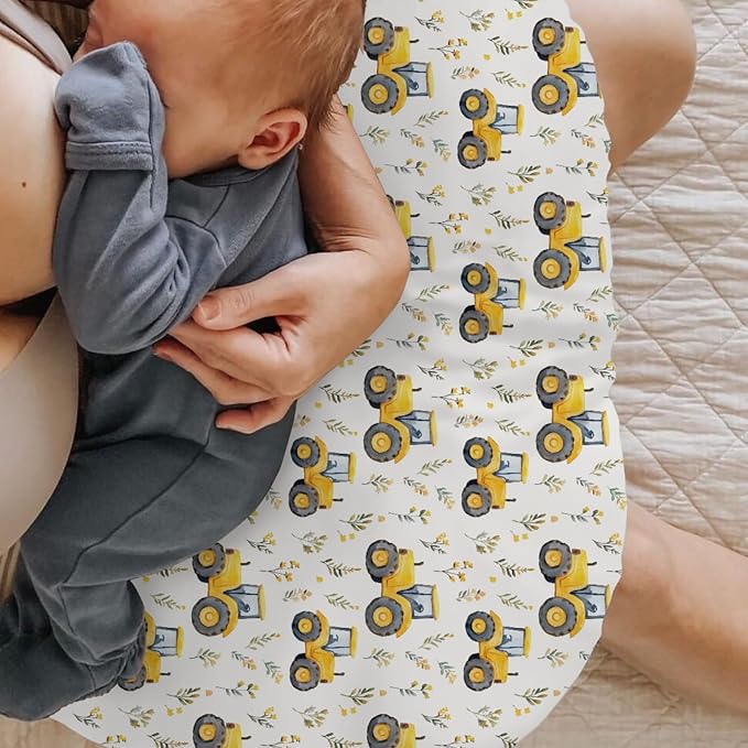Watercolor Yellow Tractors Baby Nursing Pillow Covers for Boy Girl Farm Tractors Boho Leaves Nursery Feeding Pillowcase for Breastfeeding Pillows Farm Life Soft Stretchy Slipcovers for Newborn Infant