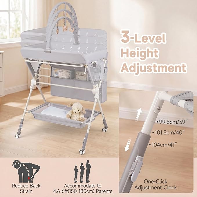 INFANS Portable Baby Changing Table with Wheels, Foldable Diaper Changing Station with Adjustable Heights, Large Organizer Storage for Newborn Infant (Light Gray)