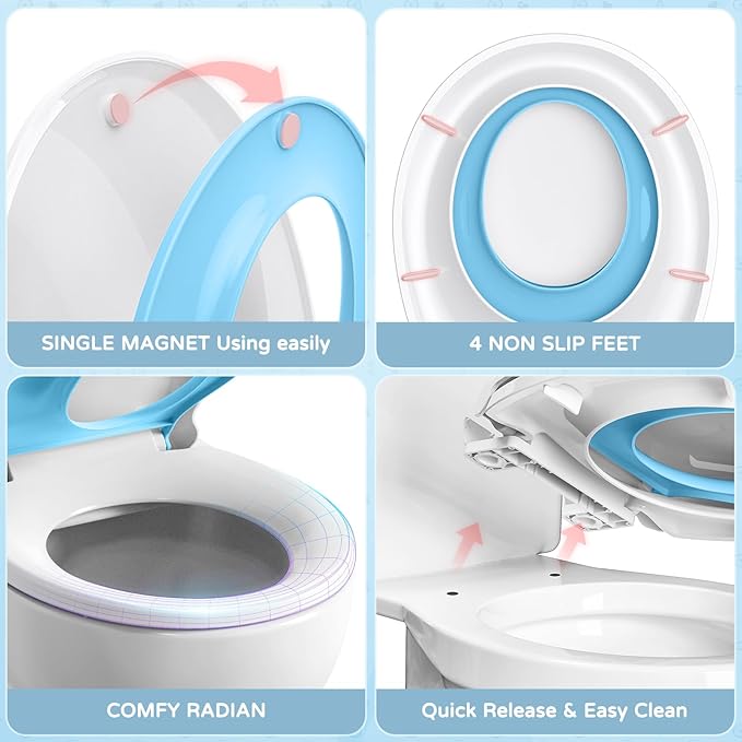 YASFEL Built in Potty Training Toilet Seat for Toddlers, Kids & Adults Biscuit Plastic Toilet Seats Round Slow Close with Magnets(Blue, 16.5”)