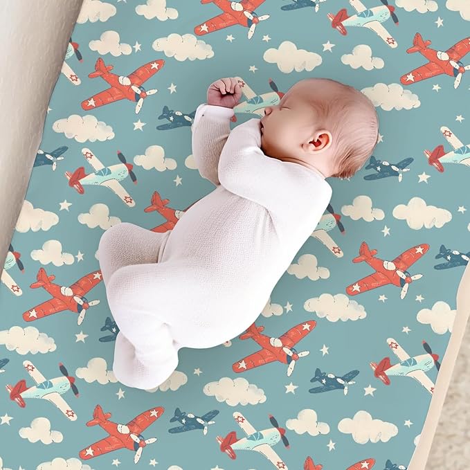 Cartoon Plane Stars Clouds Pattern Baby Changing Pad Cover, Unisex Plane Nursery Diaper Changing Table Pad Mat Sheet for Boys Girls-16x32