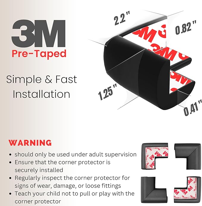 Soft Foam Corner Protectors for Baby, Bed Frame Corner Guards, Sharp Edge Desk Furniture Safety Cover Bumpers for Kids, 3M Adhesive Pre-Taped Rubber Padding Cushion (Black, 4 Pack)
