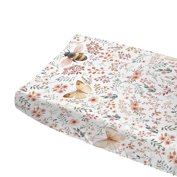 Honey Bloom Bees Butterflies Floral Baby Changing Pad Covers for Boy Girl 32''x16'' Sweet Bees Honey Flowers Fitted Diaper Changing Table Sheets Spring Soft Breathable Nursery Changing Table Mats