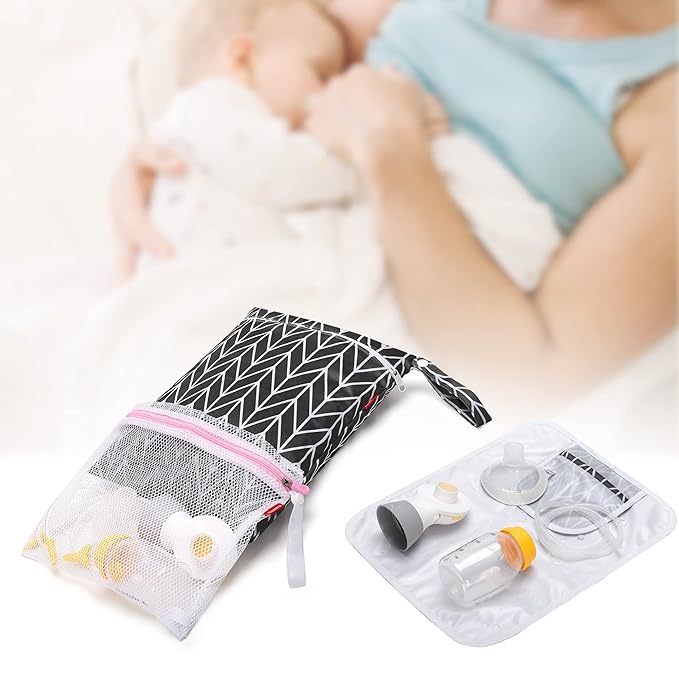 Damero Breast Pump Parts Bag, Wet Dry Breast Pump Parts Bag, Pumping Bag with Waterproof Mat and Mesh Bag, Black Arrow