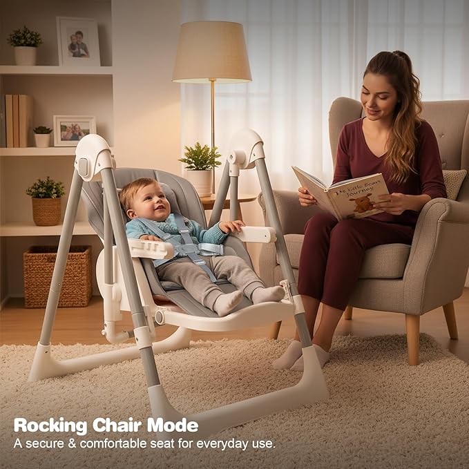 High Chairs for Babies and Toddlers Convert to Baby Rocker Foldable High Chair Adjustable Convertible with Reclining Seat & Leg Rest, 3-in-1 with Tool-Free Assembly (Grey)