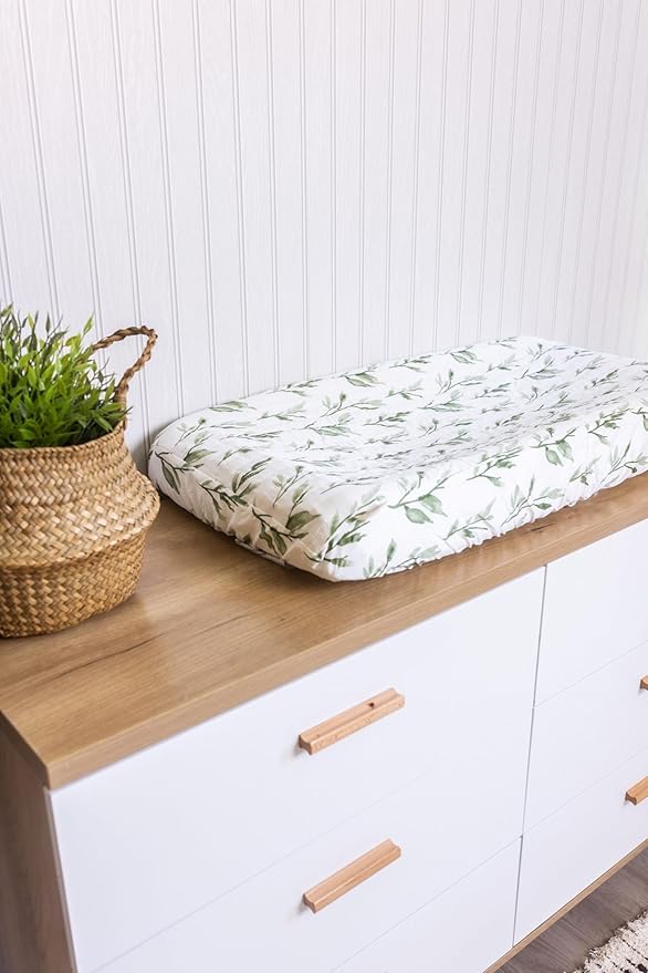 Crane Baby Changing Pad Cover, 100% Cotton Sateen Exterior, Green Nursery Decor, Floral Leaf Baby Changing Table Pad Cover, Fits Standard 16" x 32", Jungle Nursery Decor, Change Table Sheets