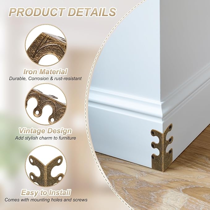 uxcell 15 Pcs Baseboard Corner Protectors, Skirting Board Corner Protector Vintage Metal Edge Cover with Screws for Furniture Table Cabinet Drawer, Yellow
