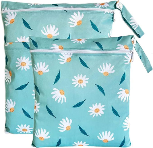Wet Dry Bag for Cloth Diapers, 2PCS Waterproof Reusable Wet Bag with Zippered Pockets, Washable, Reusable for Travel, Beach, Pool, Stroller, Diapers, Dirty Gym Clothes, Swimsuits, 14x12In & 12x11In