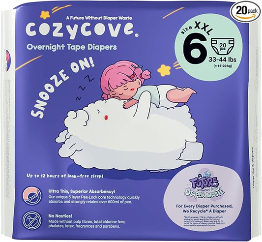Cozycove Size 6 XXL (33-44 lbs) Diapers, 20 Count, Totally Chlorine Free, Skin-Friendly Material | Snooze On Slim Overnight Tape Disposable Diapers | 1 Bag of 20