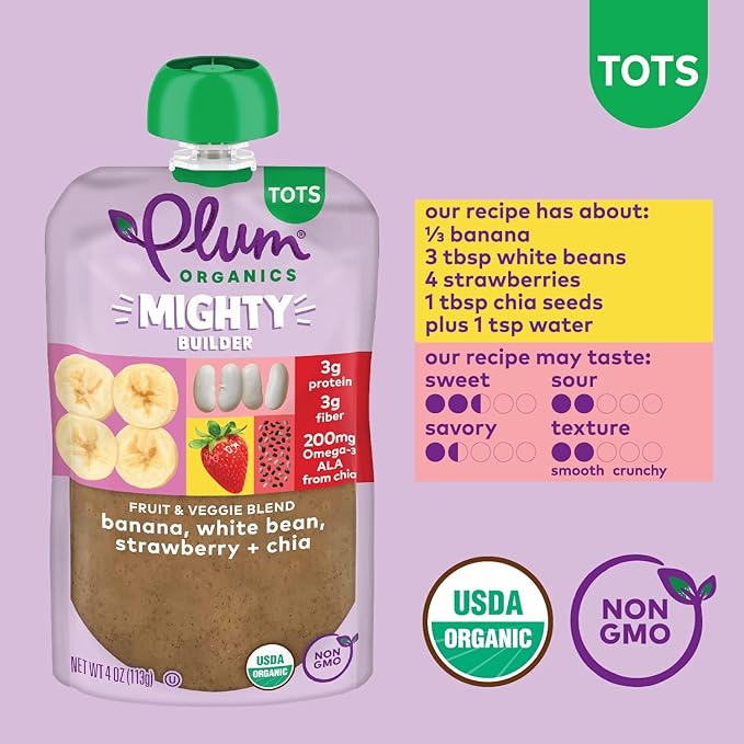 Plum Organics - +12 Months Organic Baby Food - Banana, White Bean, Strawberry & Chia - Non-GMO - On-The-Go Pouches for Baby & Toddler Meals - Quality Tested Ingredients - 4 oz (Pack Of 12)