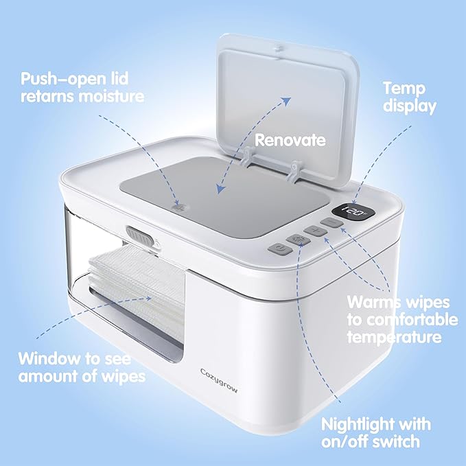 Baby Wipe Warmer with LED Light & Transparent Viewing Window, Adjustable 95℉-131℉, 1.5 Meter Plug Cord