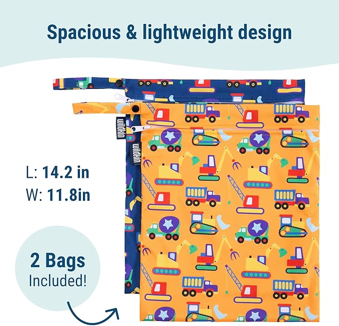 Wildkin Wet Bag Set for Boys, & Girls – Durable Zipper with Snap Loop Handle, Reusable Water-Resistant Bags for Beach, Pool, Travel & Gym - Under Construction