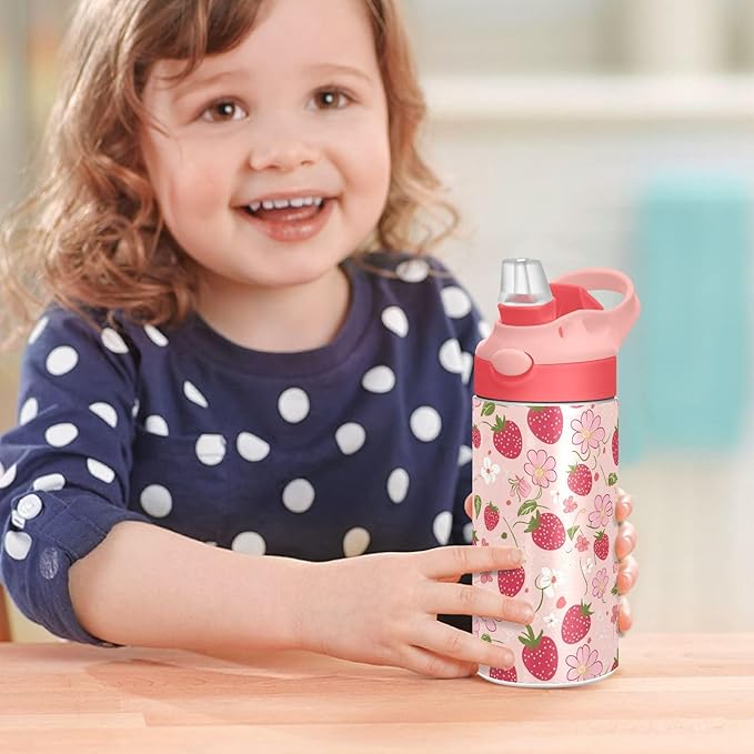 Strawberry Flowers Cute Girls Water Bottle with Straw and Carry Handle Pink Vacuum Insulated Stainless Steel Bottles Leak-Proof for Kids Boys Toddler 12 oz Pink Lid